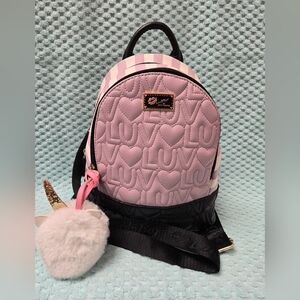 Betsey Johnson Pink and Black Heart-Patterned Backpack